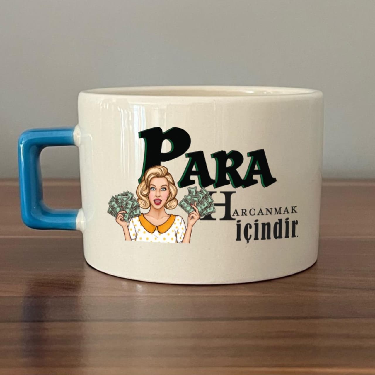 Para Harcamak İçindir Baskılı Mavi Kulplu Kare Espresso Fincanı