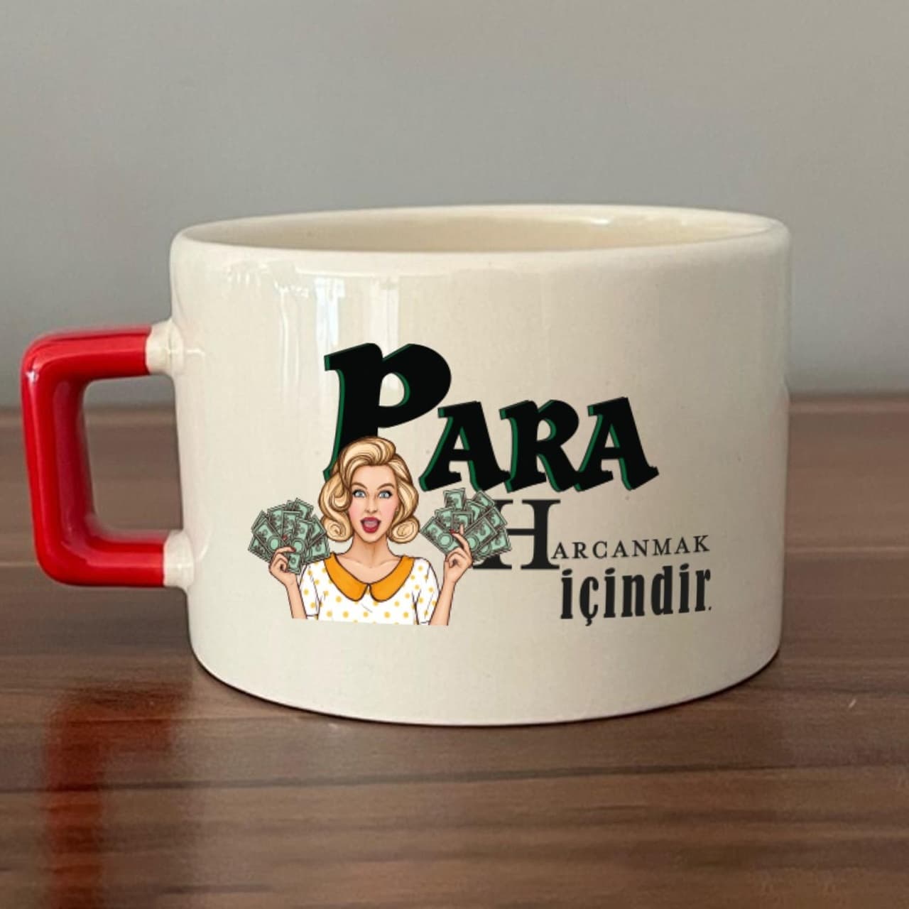 Para Harcamak İçindir Baskılı Kırmızı Kulplu Kare Espresso Fincanı