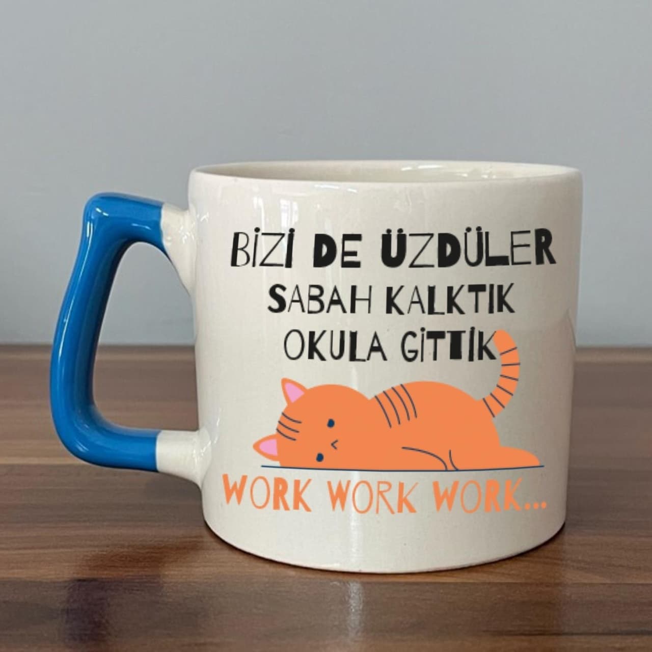 Bizi De Üzdüler Turuncu Kedi Baskılı Mavi Prime Kupa