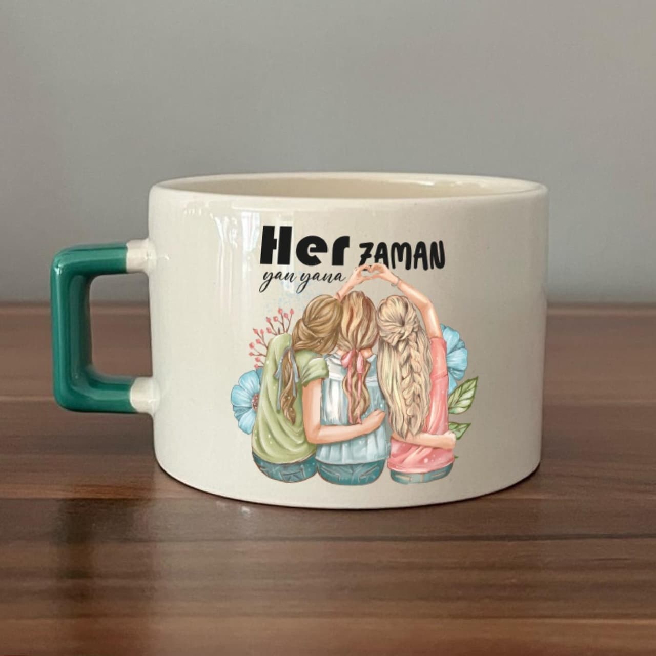 Her Zaman Yanyana Baskılı Yeşil Kulplu Kare Espresso Fincanı