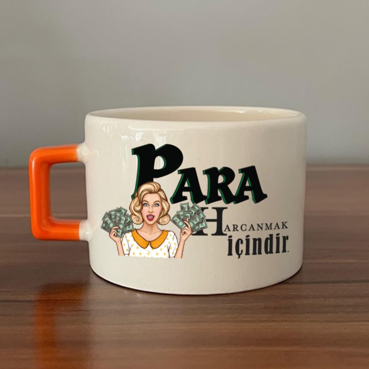 Para Harcamak İçindir Baskılı Turuncu Kulplu Kare Espresso Fincanı