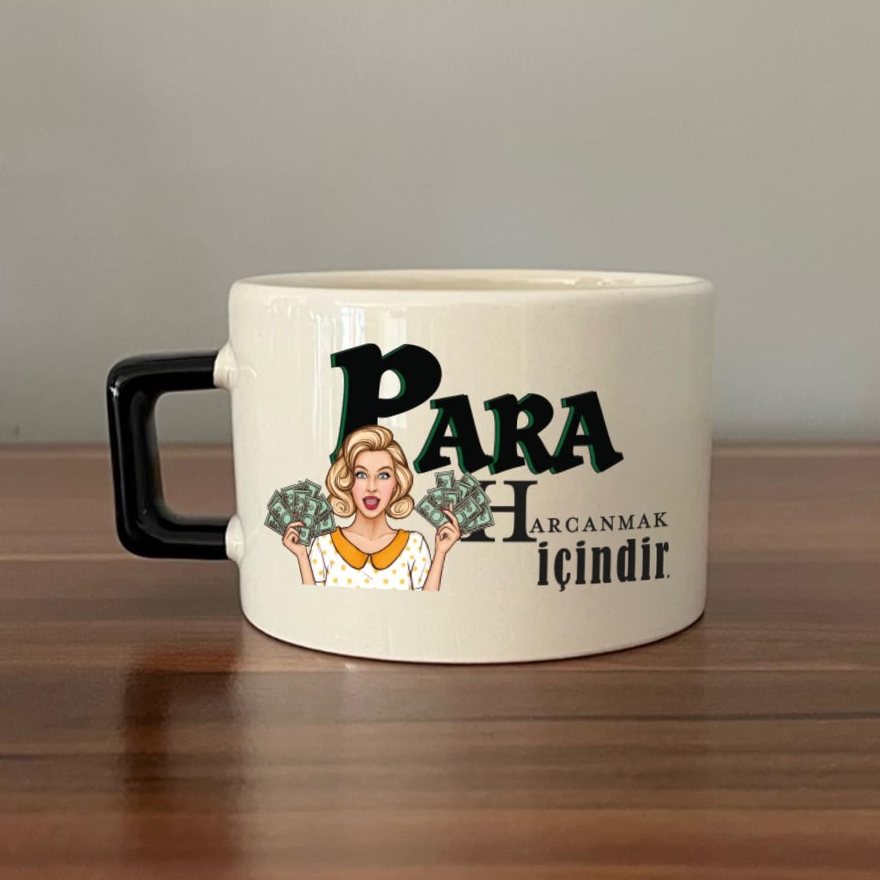 Para Harcamak İçindir Baskılı Siyah Kulplu Kare Espresso Fincanı