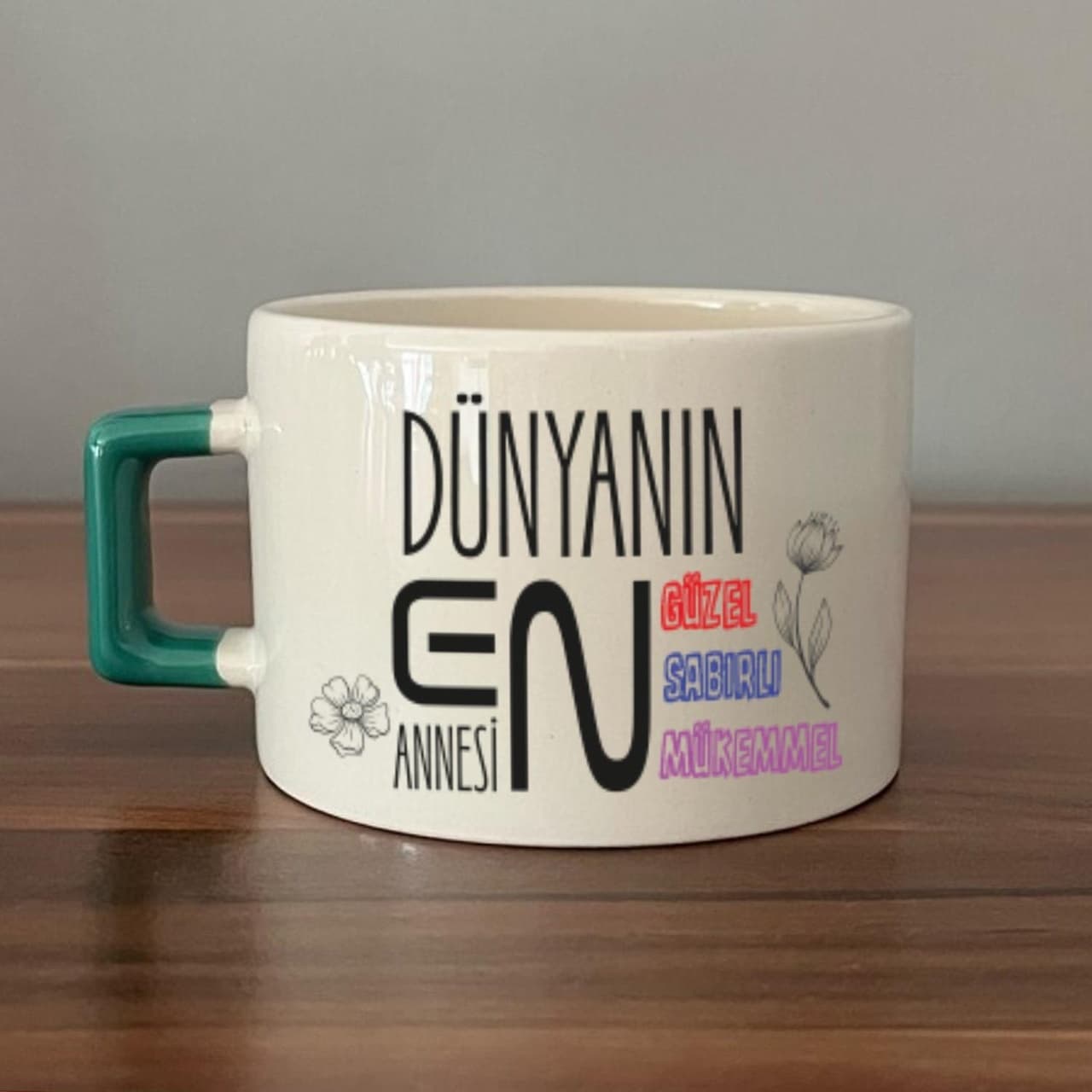Dünyanın En Annesi Baskılı Yeşil Kulplu Kare Espresso Fincanı