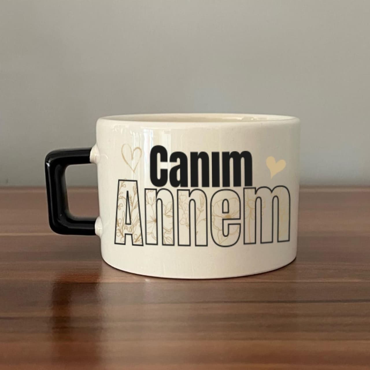 Canım Annem Baskılı Siyah Kulplu Kare Espresso Fincanı