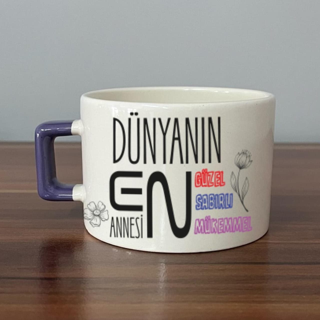 Dünyanın En Annesi Baskılı Mor Kulplu Kare Espresso Fincanı