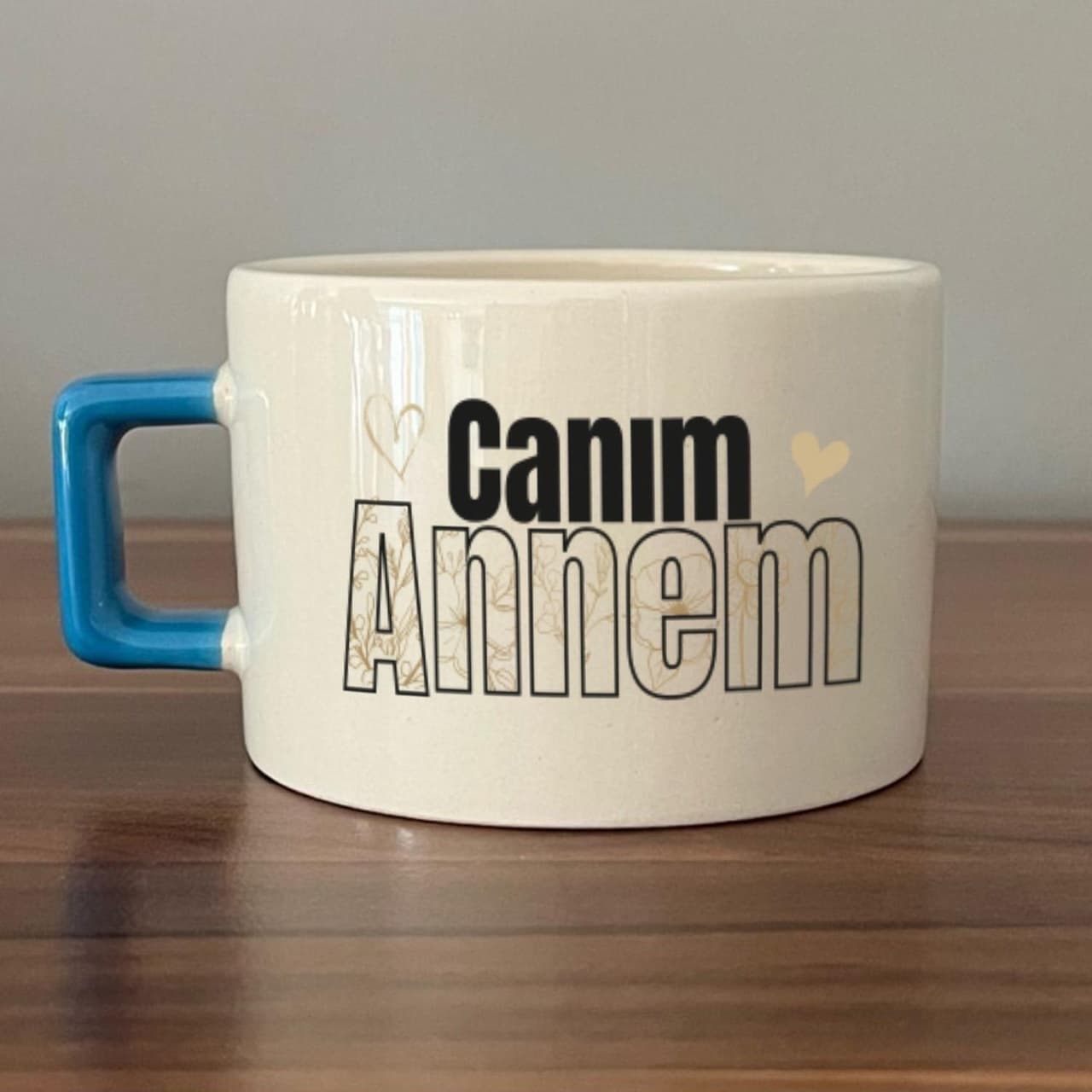 Canım Annem Baskılı Mavi Kulplu Kare Espresso Fincanı