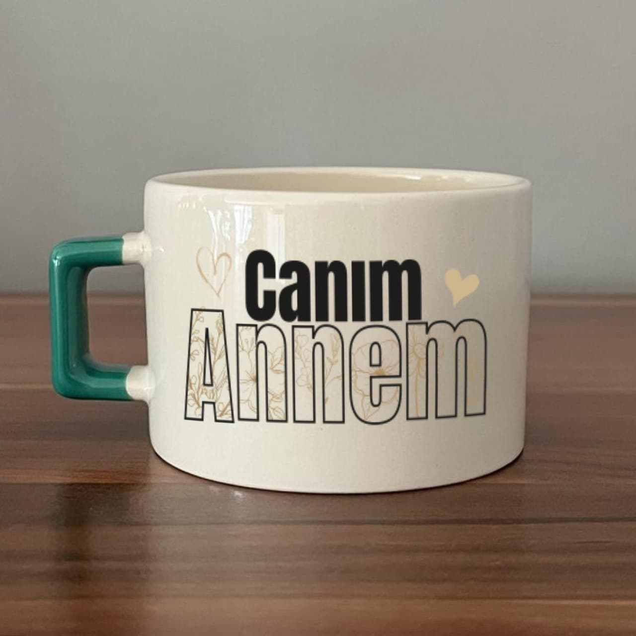 Canım Annem Baskılı Yeşil Kulplu Kare Espresso Fincanı