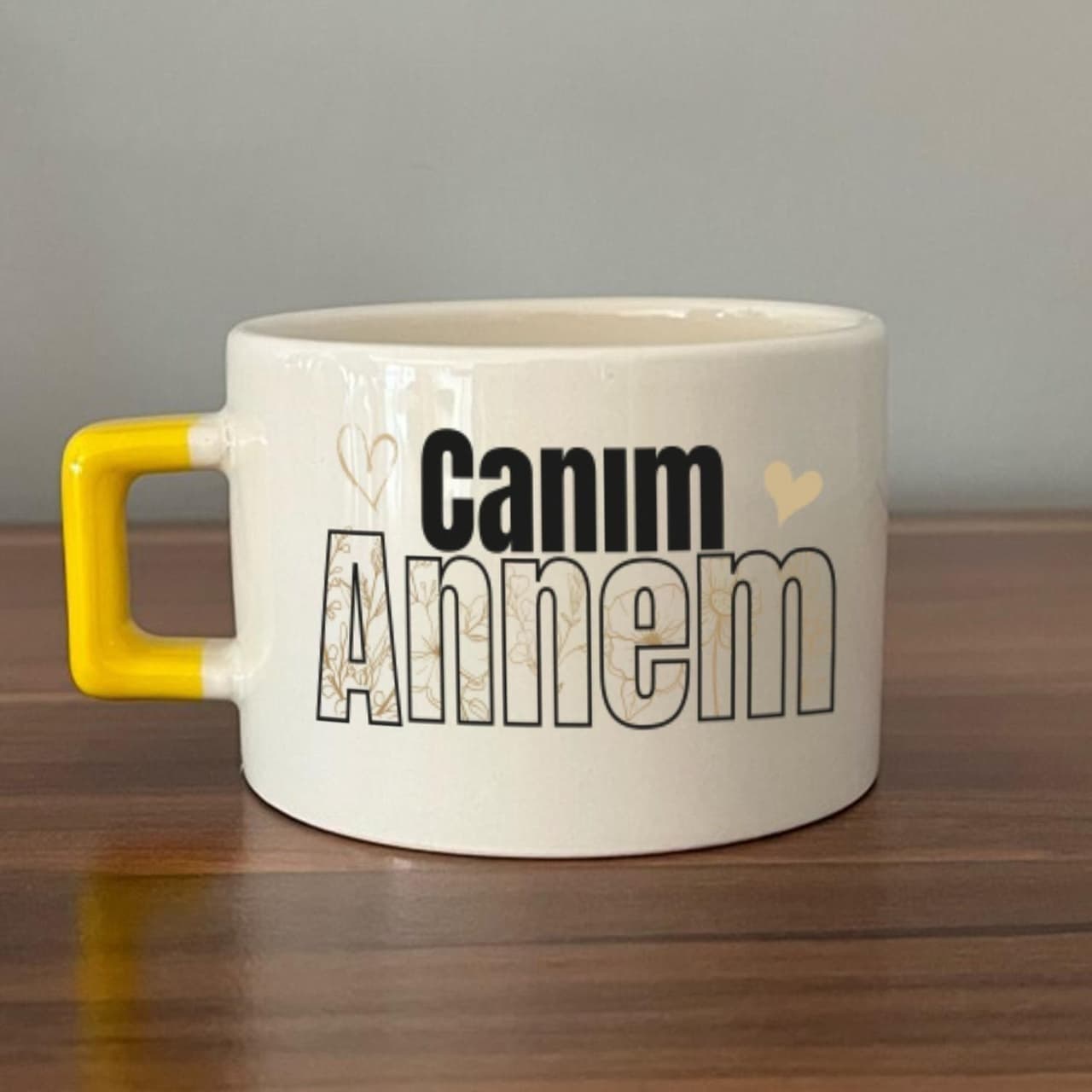Canım Annem Baskılı Sarı Kulplu Kare Espresso Fincanı
