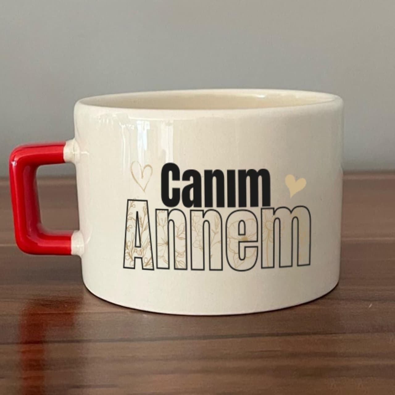 Canım Annem Baskılı Kırmızı Kulplu Kare Espresso Fincanı