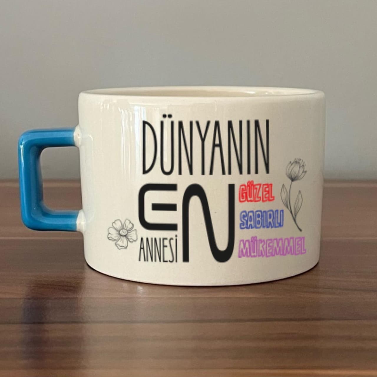 Dünyanın En Annesi Baskılı Mavi Kulplu Kare Espresso Fincanı