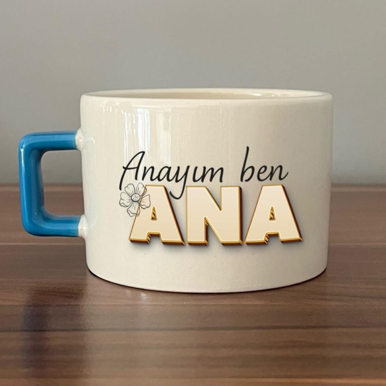 Anayım Ben Ana Baskılı Mavi Kulplu Kare Espresso Fincanı