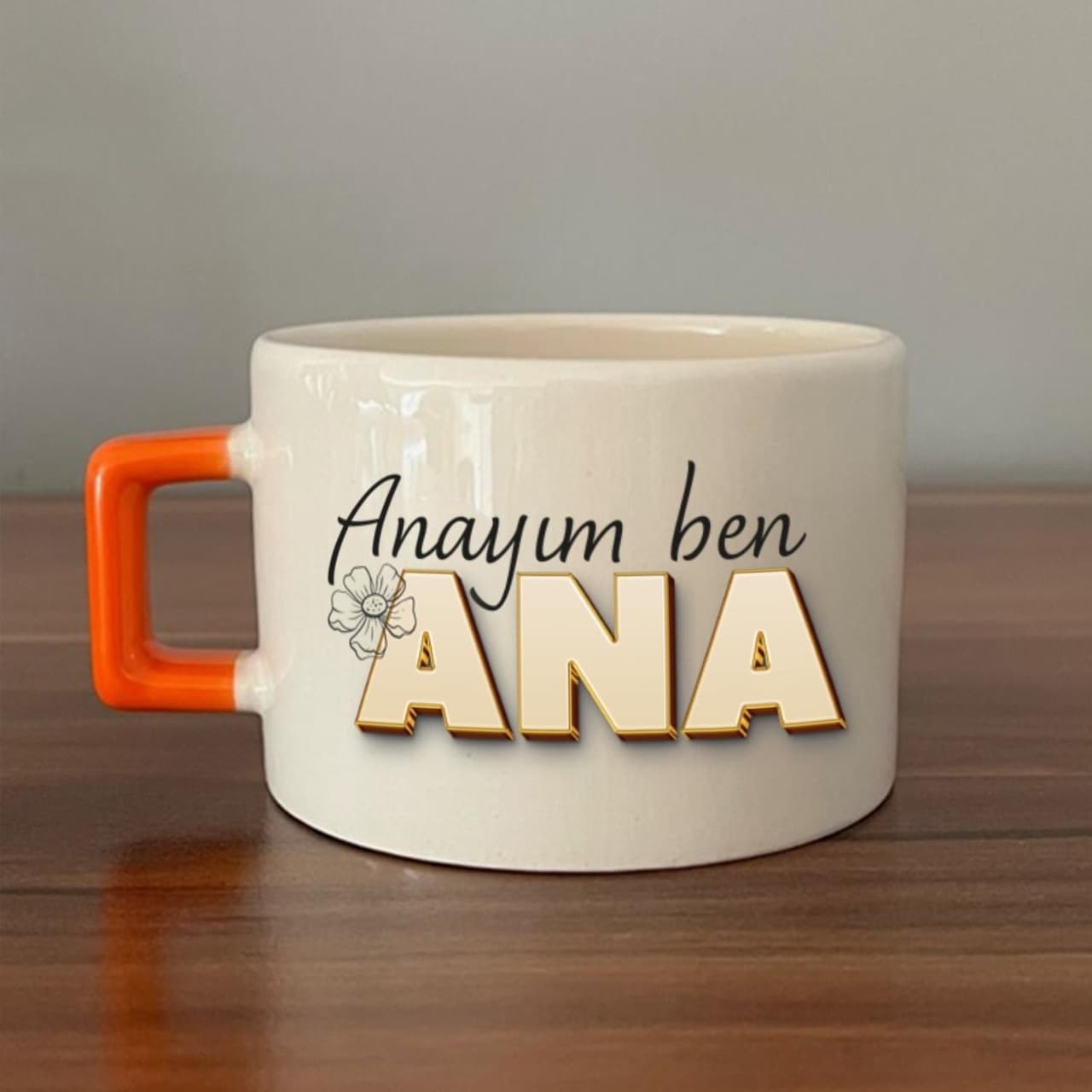 Anayım Ben Ana Baskılı Turuncu Kulplu Kare Espresso Fincanı