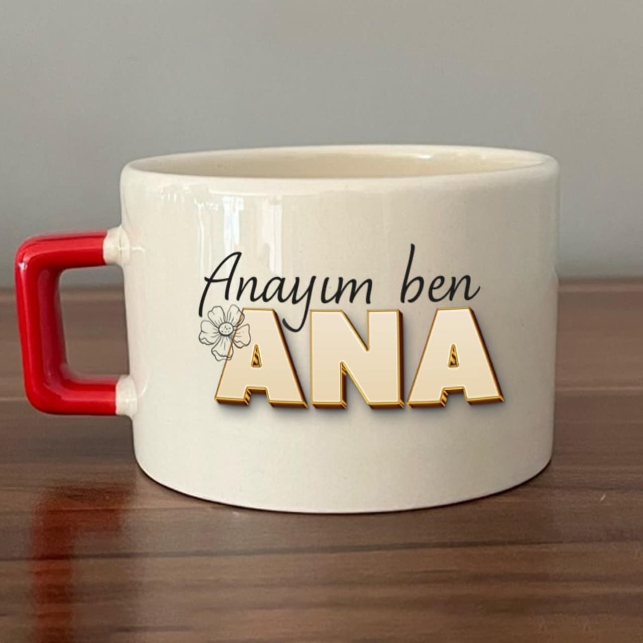 Anayım Ben Ana Baskılı Kırmızı Kulplu Kare Espresso Fincanı