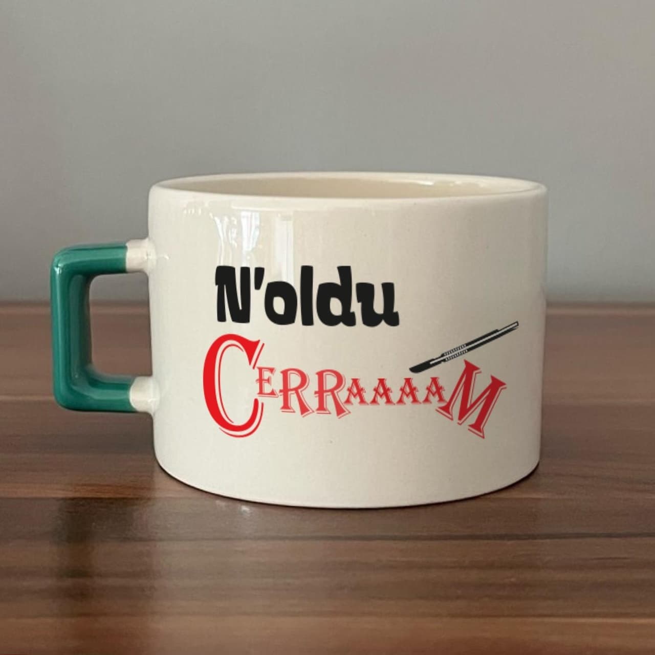 Noldu Cerraaaam Baskılı Yeşil Kulplu Kare Espresso Fincanı
