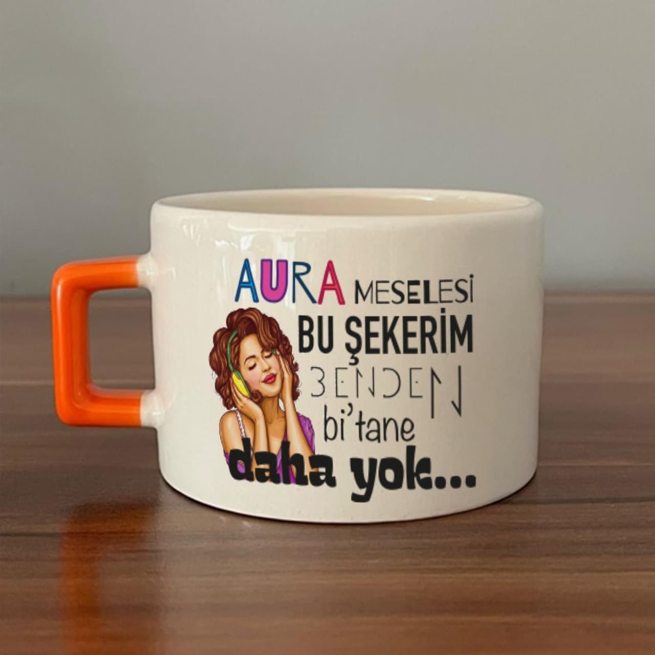 Aura Meselesi Bu Şekerim Baskılı Turuncu Kulplu Kare Espresso Fincanı