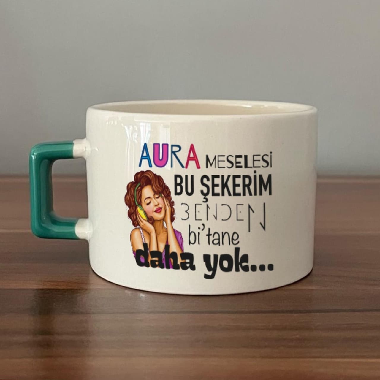 Aura Meselesi Bu Şekerim Baskılı Yeşil Kulplu Kare Espresso Fincanı