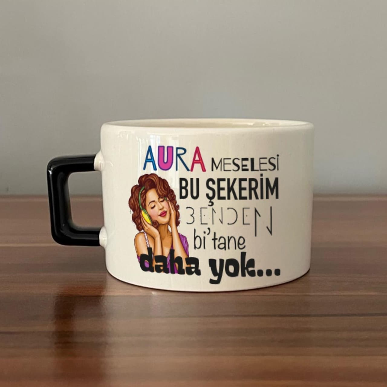 Aura Meselesi Bu Şekerim Baskılı Siyah Kulplu Kare Espresso Fincanı