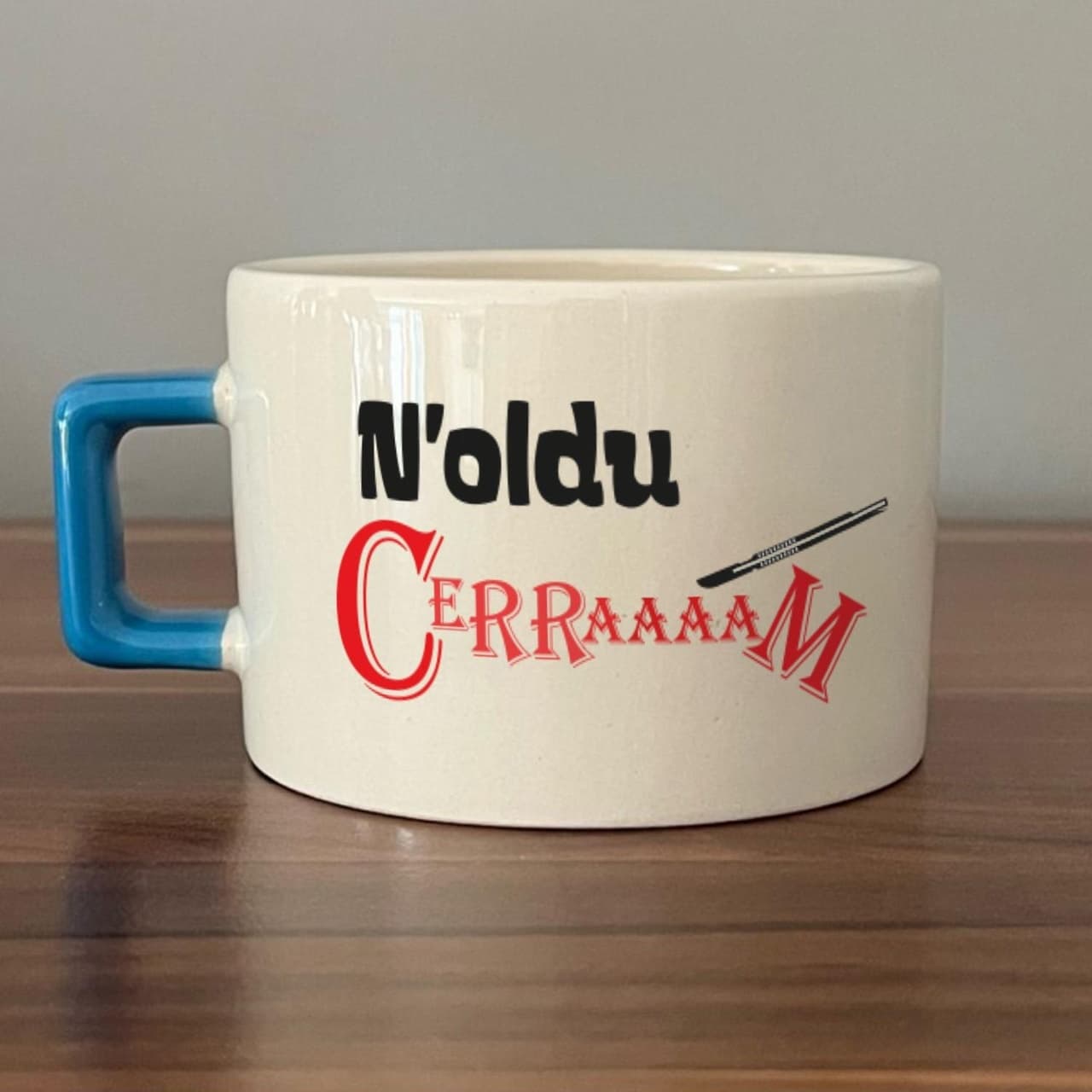 Noldu Cerraaaam Baskılı Mavi Kulplu Kare Espresso Fincanı