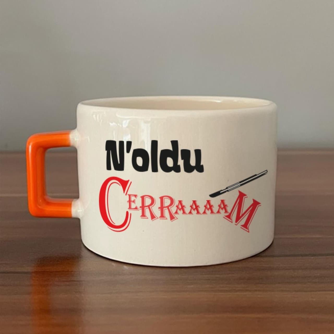 Noldu Cerraaaam Baskılı Turuncu Kulplu Kare Espresso Fincanı
