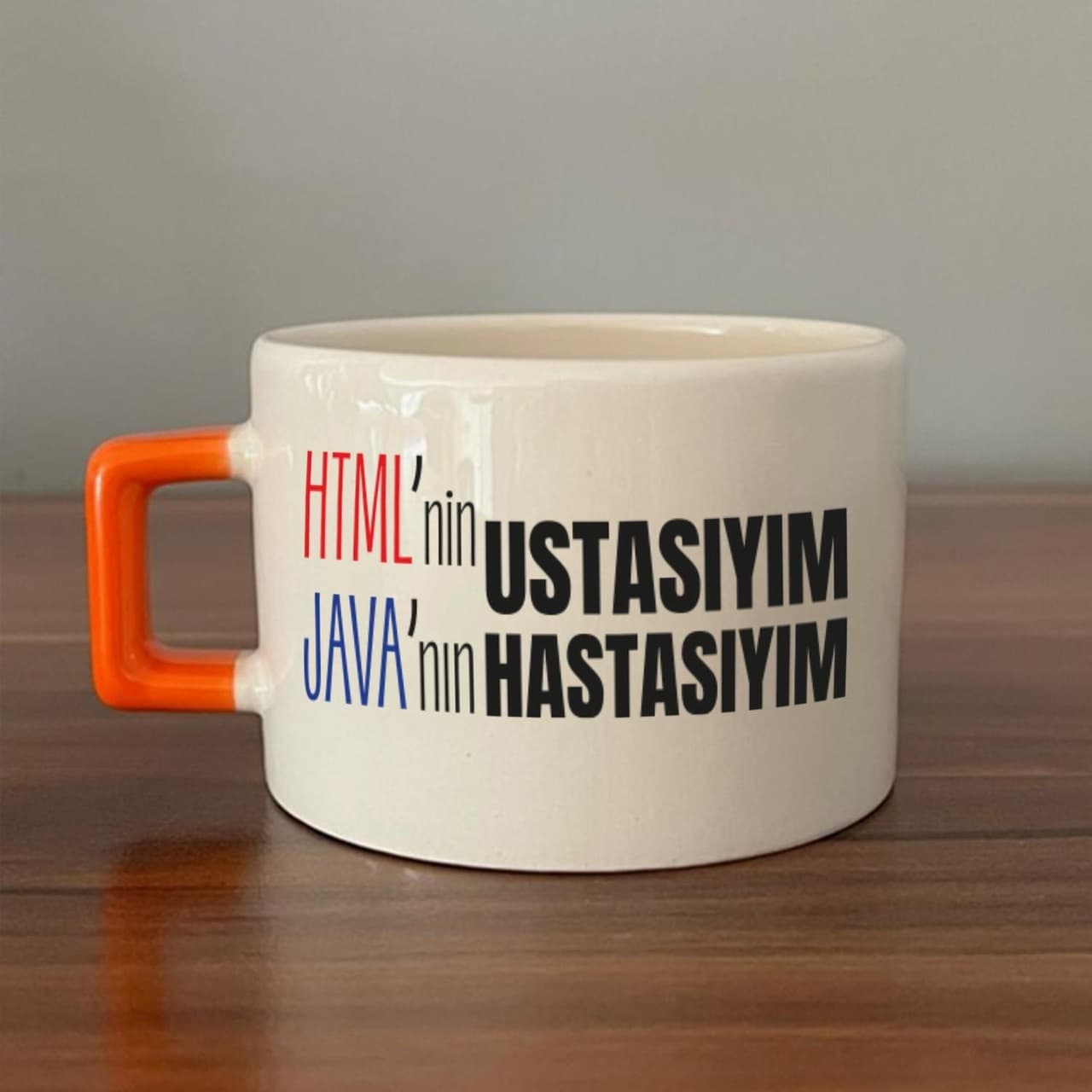 Html'ni Ustasıyım Java'nın Hastasıyım Baskılı Turuncu Kulplu Kare Espresso Fincanı
