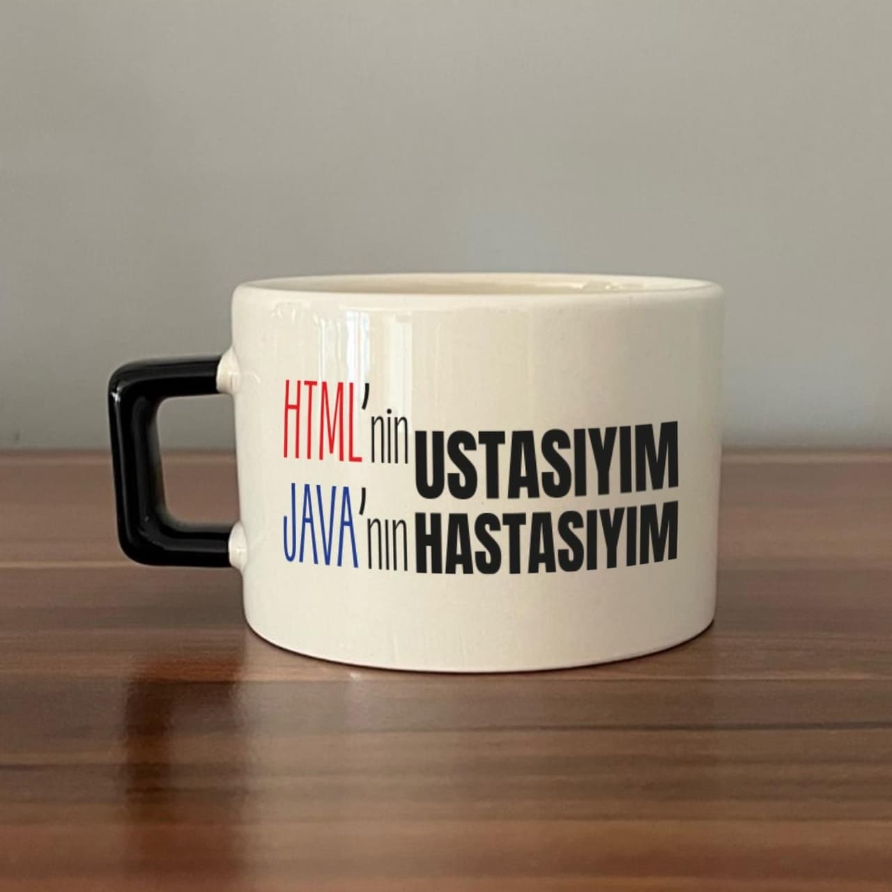 Html'ni Ustasıyım Java'nın Hastasıyım Baskılı Siyah Kulplu Kare Espresso Fincanı