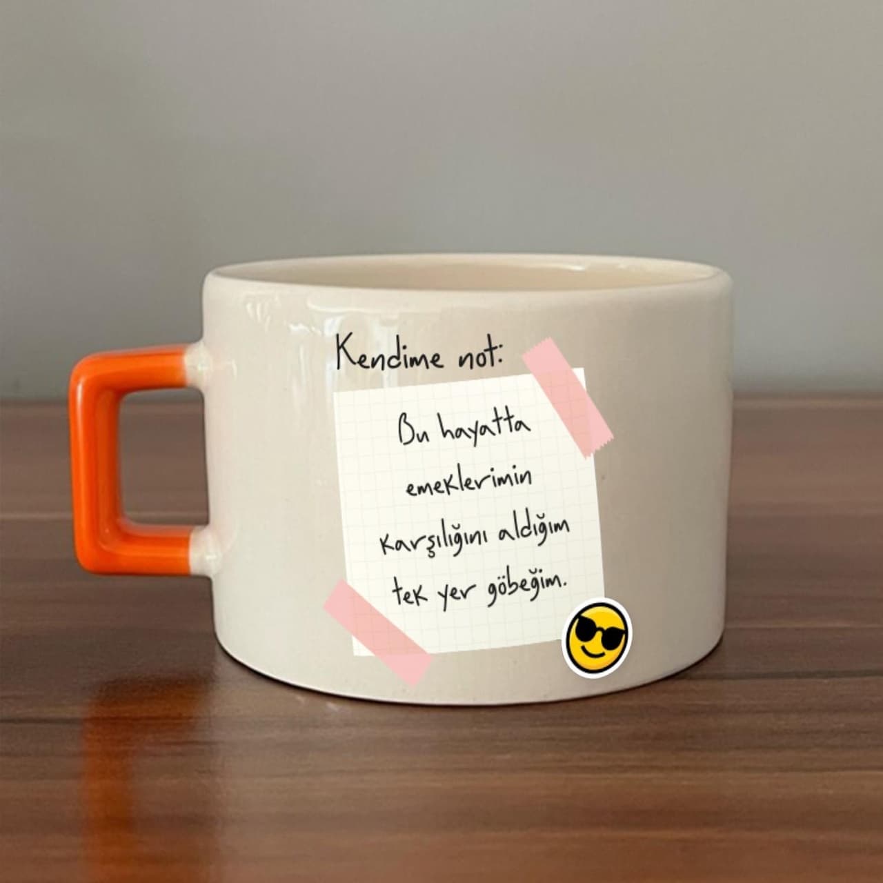 Kendime Not: Bu Hayatta Emeklerimin Karşılığını Baskılı Turuncu Kulplu Kare Espresso Fincanı