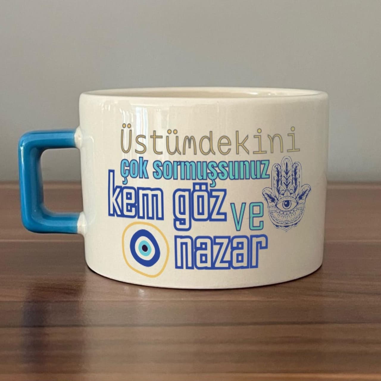 Üstümdekini Çok Sormuşsunuz Baskılı Mavi Kulplu Kare Espresso Fincanı