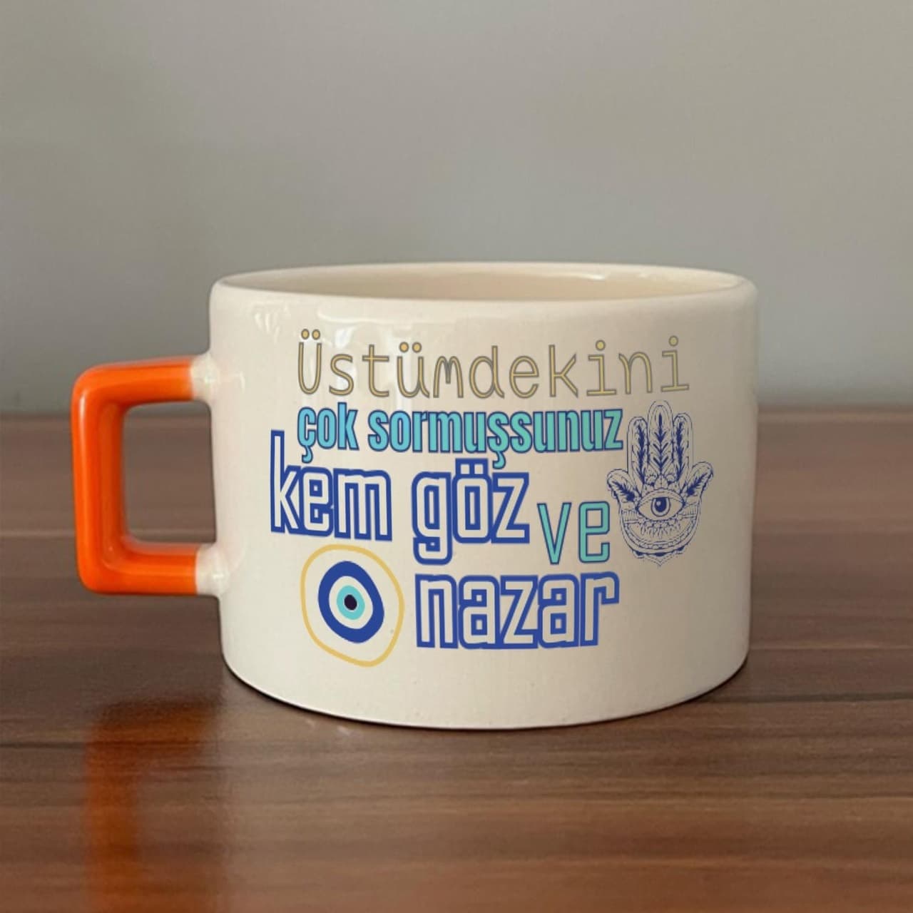 Üstümdekini Çok Sormuşsunuz Baskılı Turuncu Kulplu Kare Espresso Fincanı