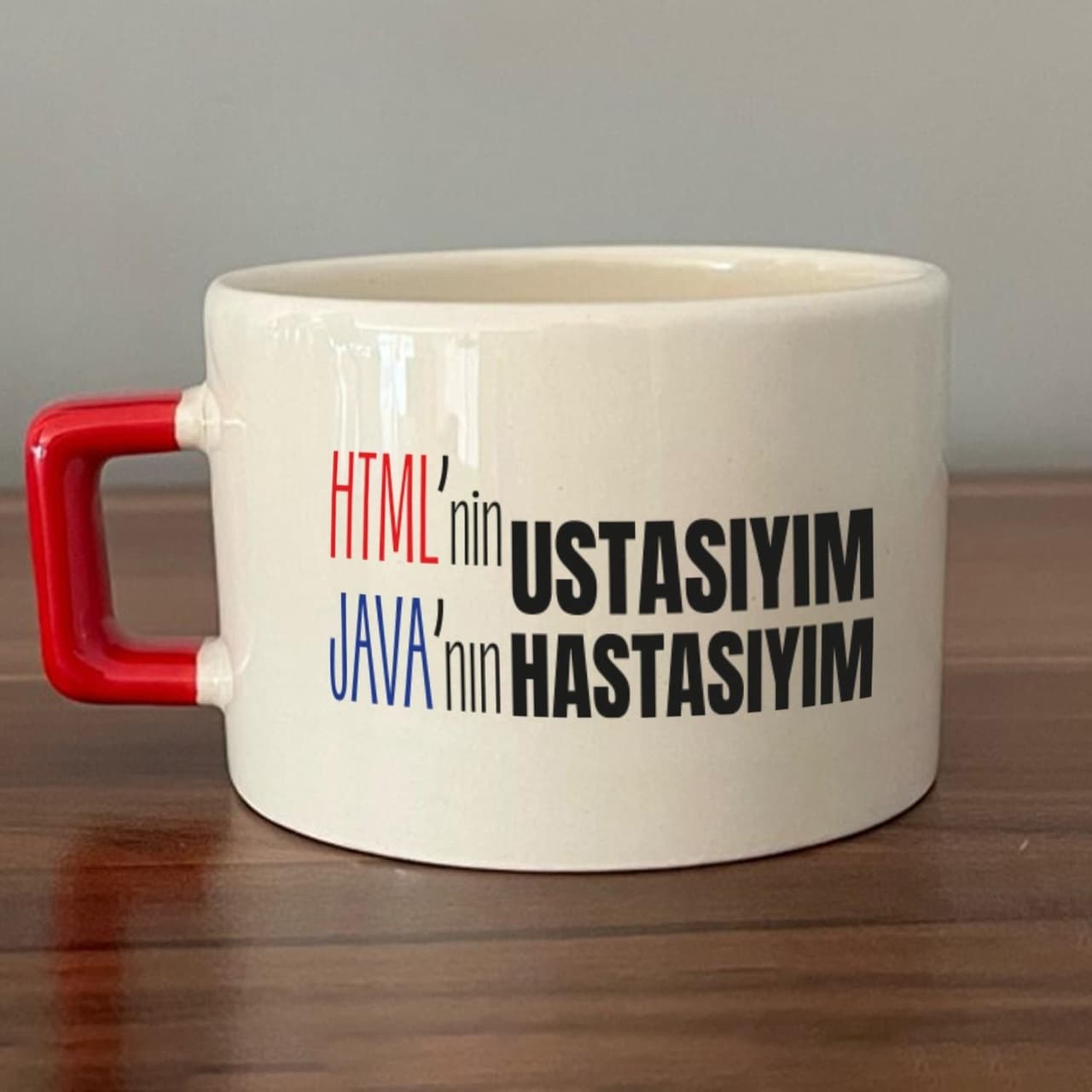 Html'ni Ustasıyım Java'nın Hastasıyım Baskılı Kırmızı Kulplu Kare Espresso Fincanı