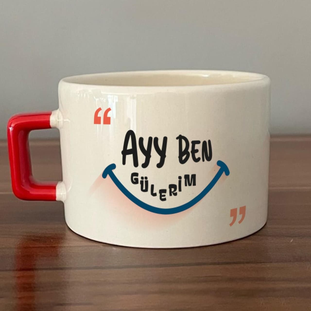 Ayy Benim Gülerim Baskılı Kırmızı Kulplu Kare Espresso Fincanı