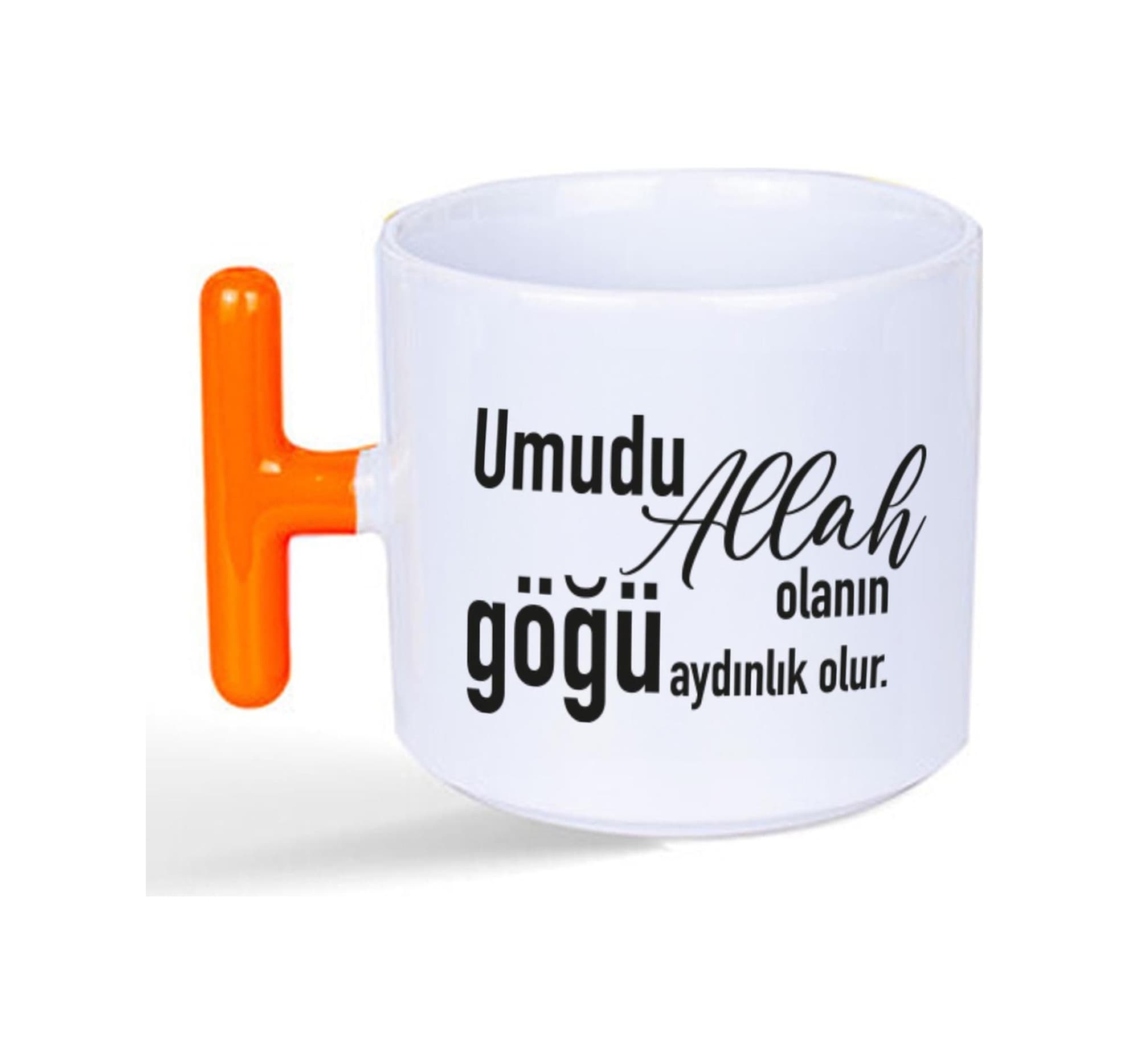 Umudu Allah Olanın Göğü Aydınlık Olur Baskılı Turuncu Kulplu T Kupa