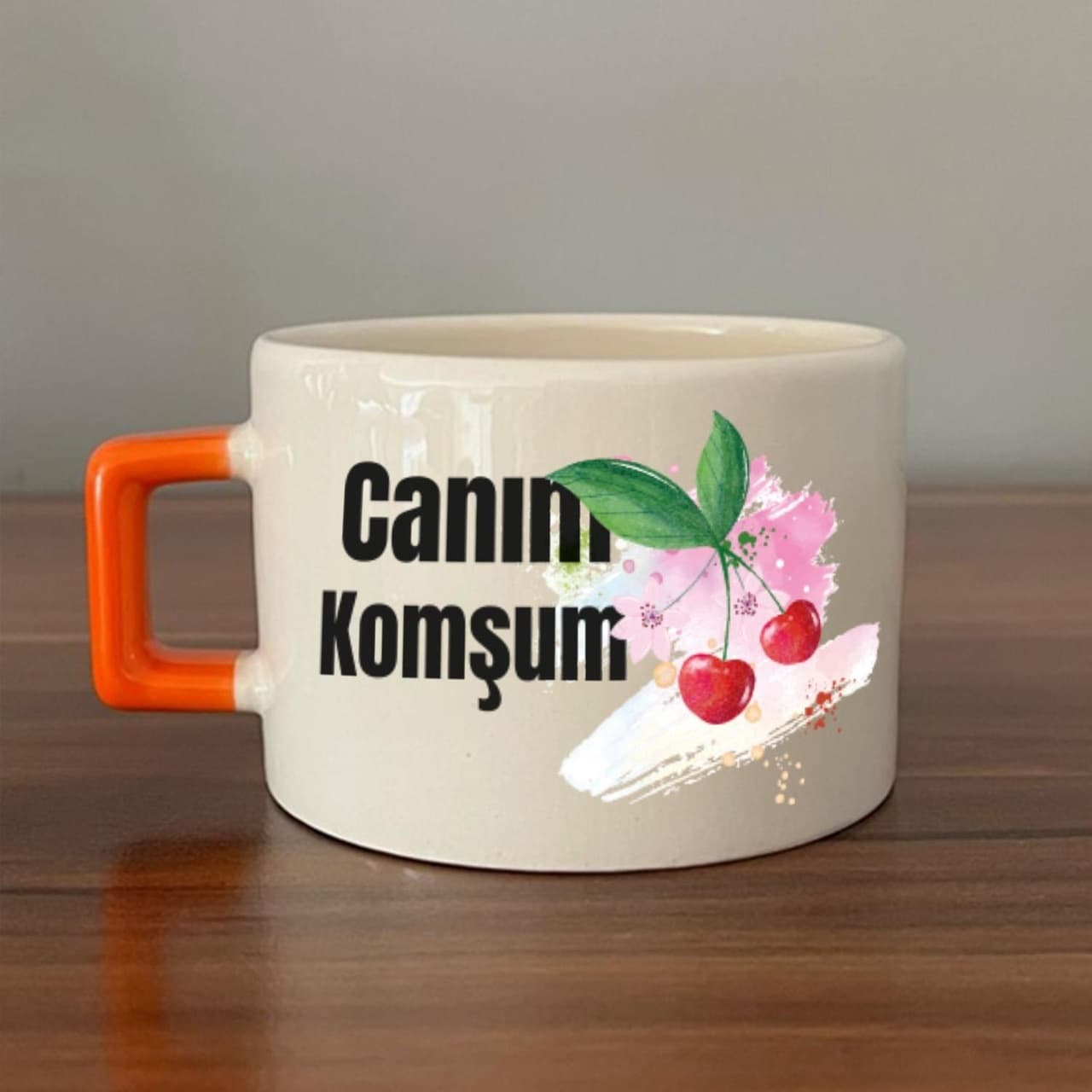 Canım Komşum Baskılı Turuncu Kulplu Kare Espresso Fincanı