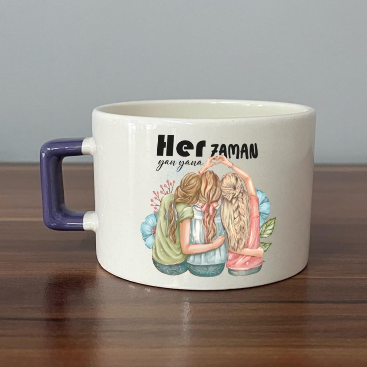 Her Zaman Yanyana Baskılı Mor Kulplu Kare Espresso Fincanı