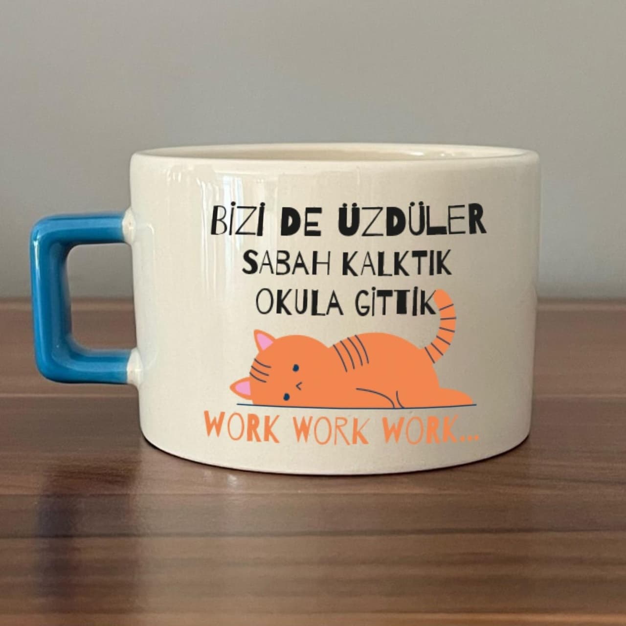 Bizi De Üzdüler Turuncu Kedi Baskılı Mavi Kulplu Kare Espresso Fincanı