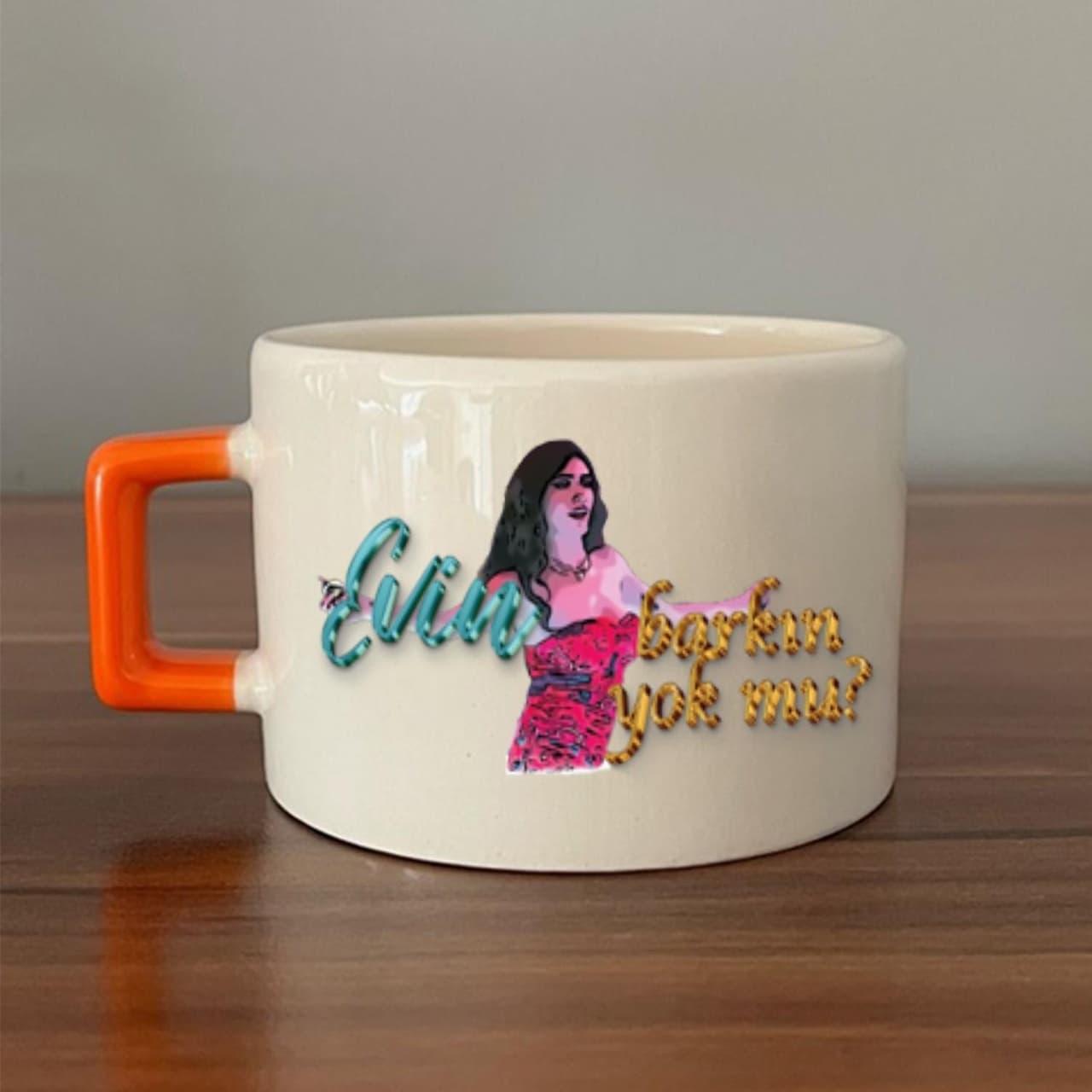 Evin Barkın Yok Mu Baskılı Turuncu Kulplu Kare Espresso Fincanı