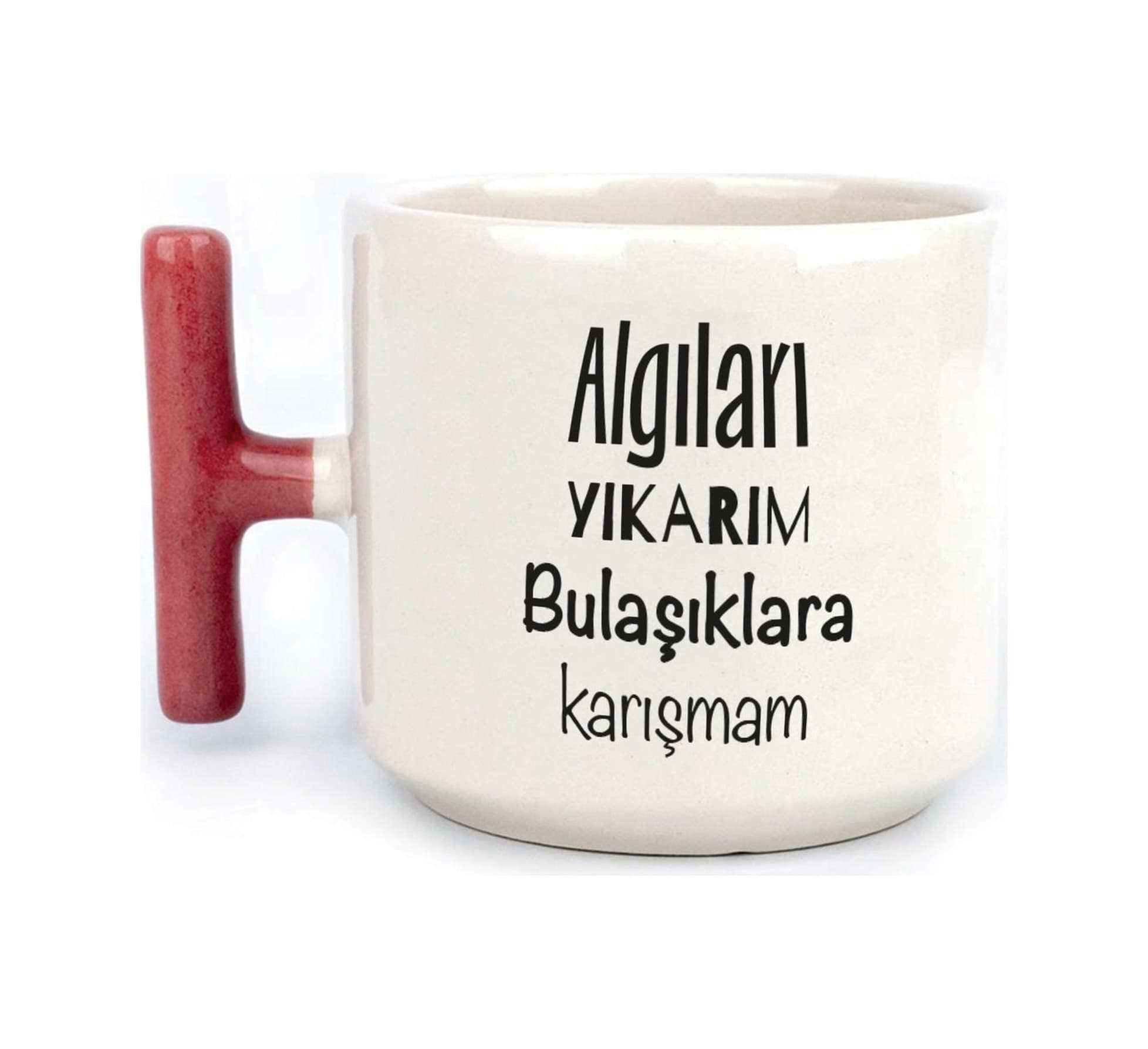 Mor Mürekkep Algıları Yıkarım Bulaşıklara Karışmam Baskılı Kırmızı Kulplu T Kupa