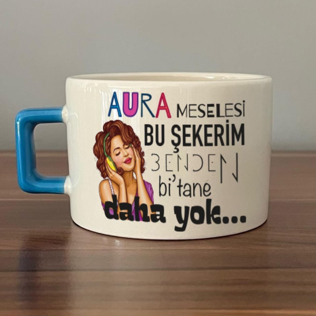 Aura Meselesi Bu Şekerim Baskılı Mavi Kulplu Kare Espresso Fincanı