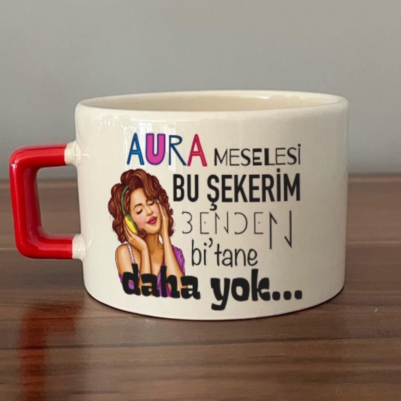 Aura Meselesi Bu Şekerim Baskılı Kırmızı Kulplu Kare Espresso Fincanı