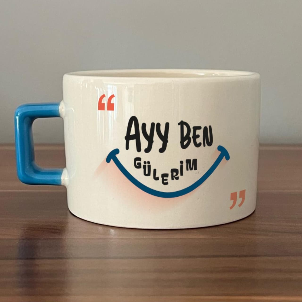 Ayy Benim Gülerim Baskılı Mavi Kulplu Kare Espresso Fincanı