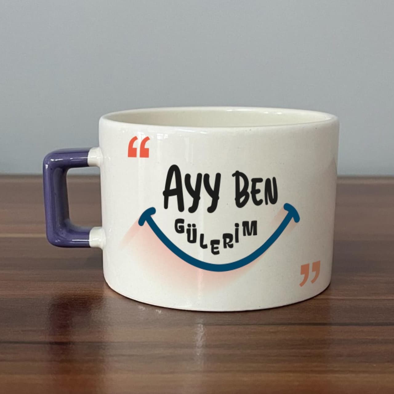 Ayy Benim Gülerim Baskılı Mor Kulplu Kare Espresso Fincanı