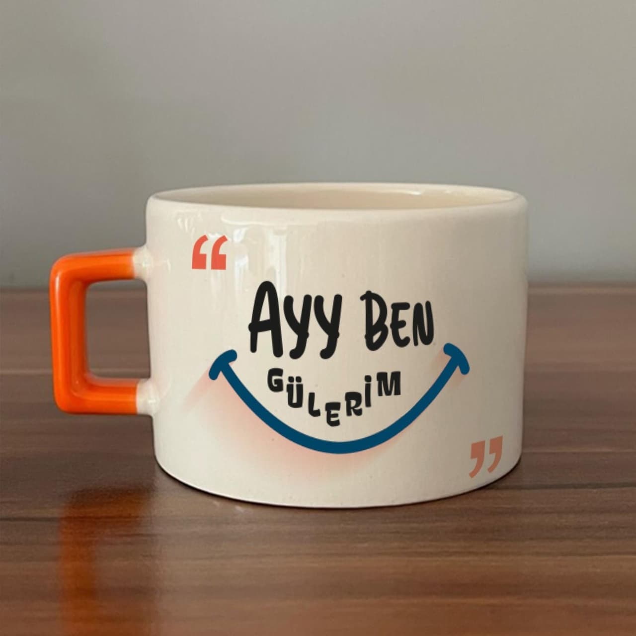 Ayy Benim Gülerim Baskılı Turuncu Kulplu Kare Espresso Fincanı