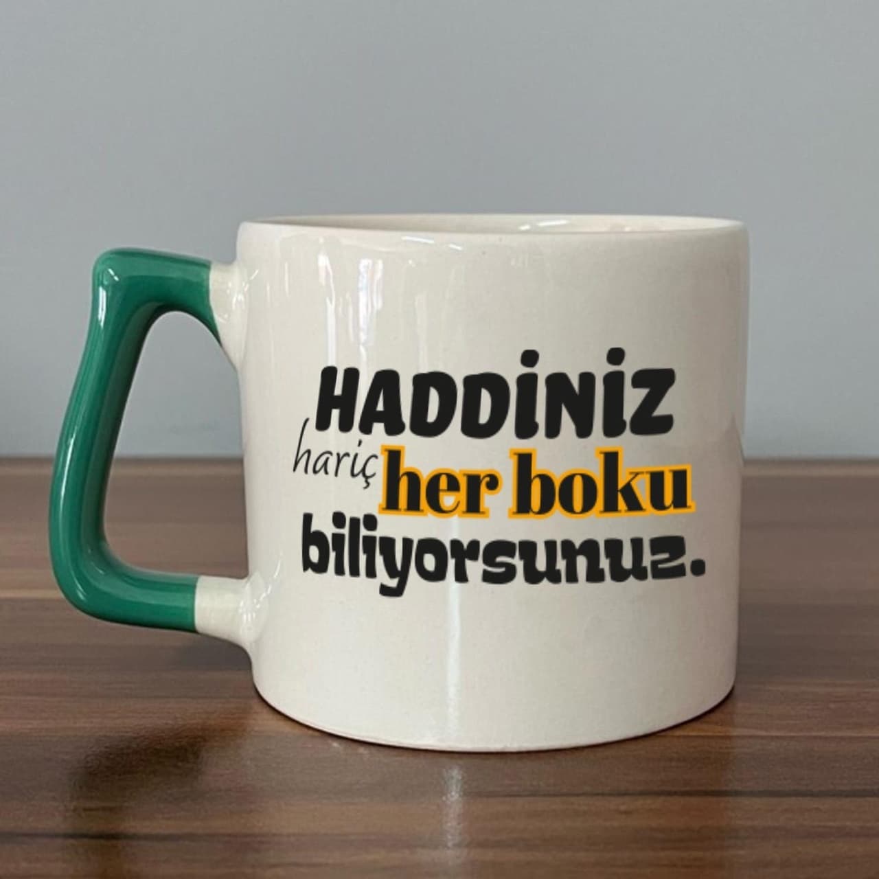 Haddiniz Hariç Her Boku Biliyorsunuz Baskılı Yeşil Kulplu Prime Kupa