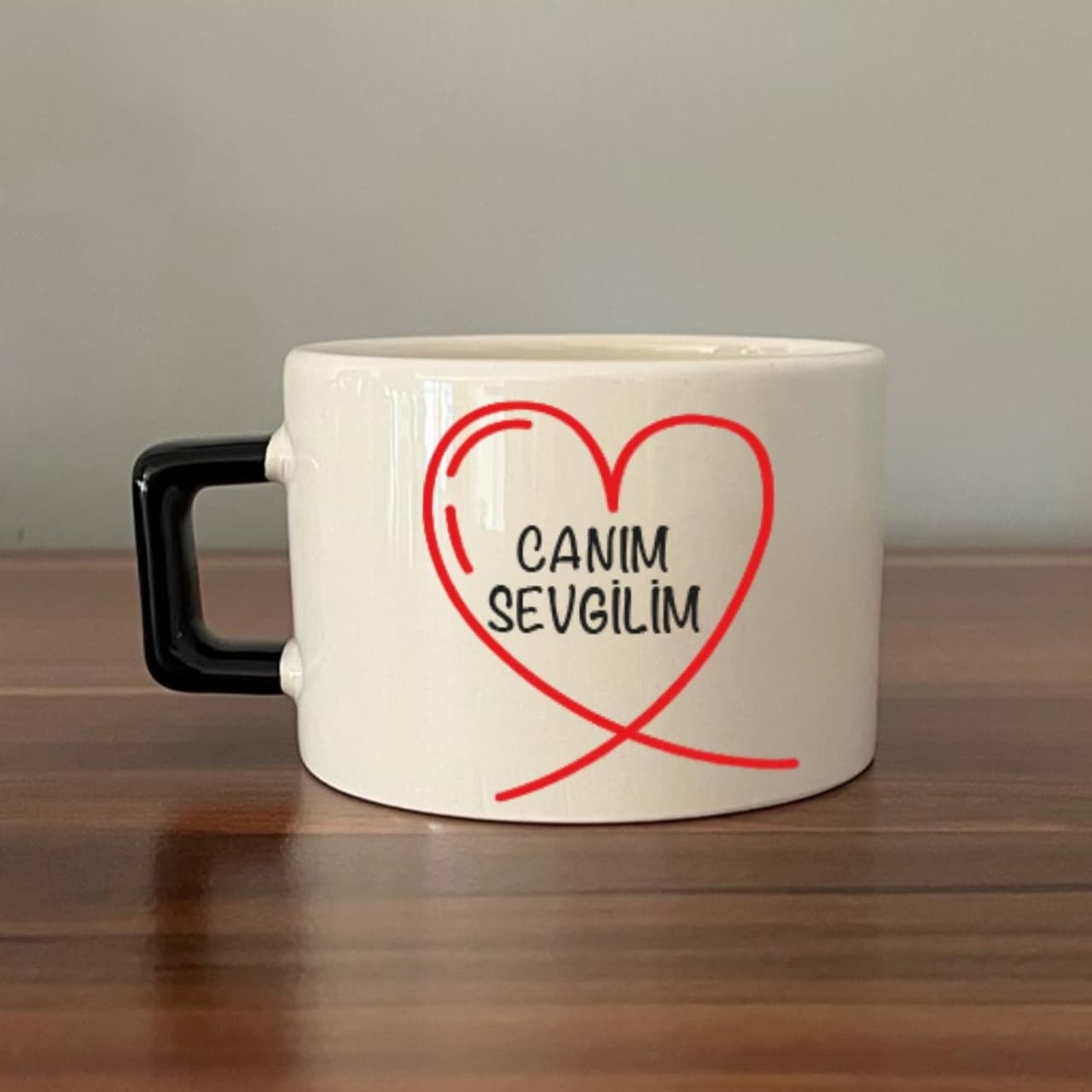Canım Sevgilim Baskılı Siyah Kulplu Kare Espresso Fincanı