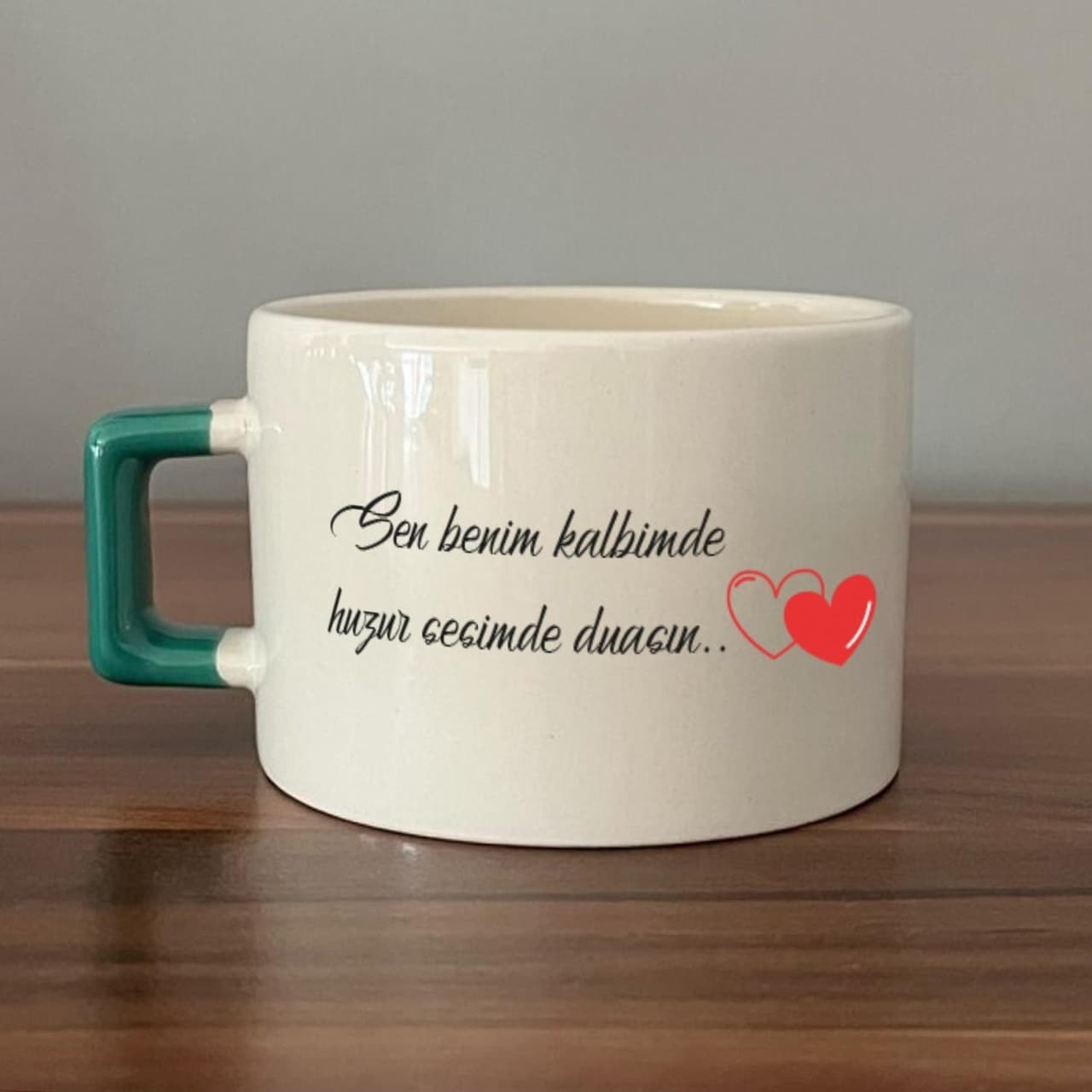 Sen Benim Kalbimde Huzur Baskılı Yeşil Kulplu Kare Espresso Fincanı