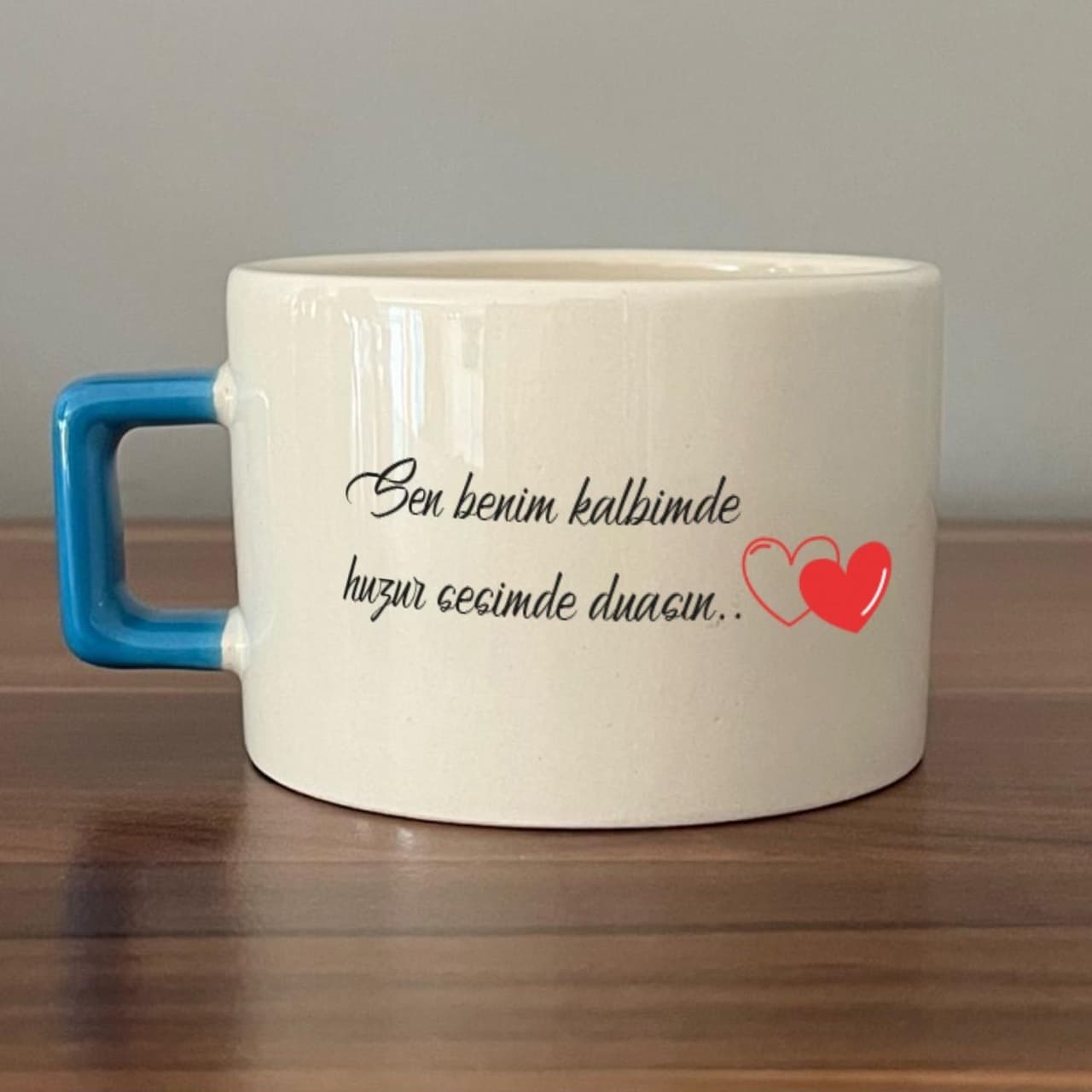 Sen Benim Kalbimde Huzur Baskılı Mavi Kulplu Kare Espresso Fincanı