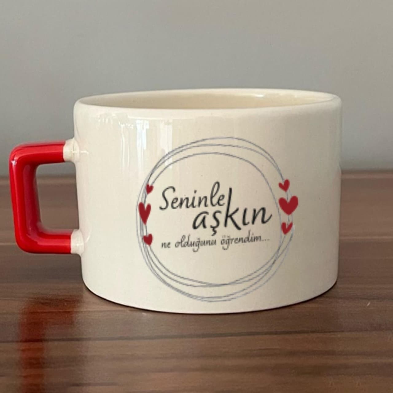 Seninle Aşkın Ne Olduğunu Öğrendim Baskılı Kırmızı Kulplu Kare Espresso Fincanı