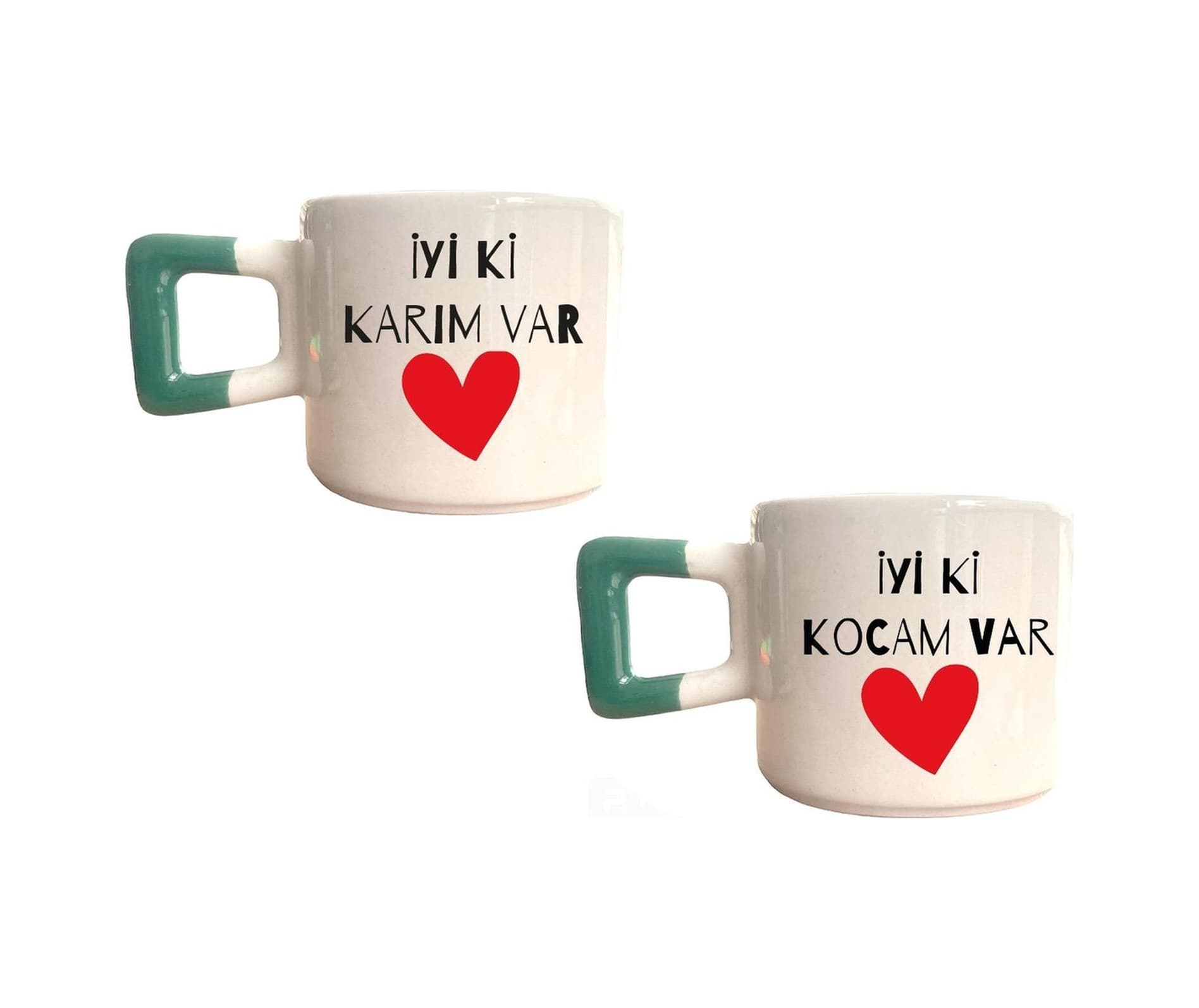 İyi Ki Kocam Var, İyi Ki Karım Var Baskılı Yeşil Kare Kupa Set