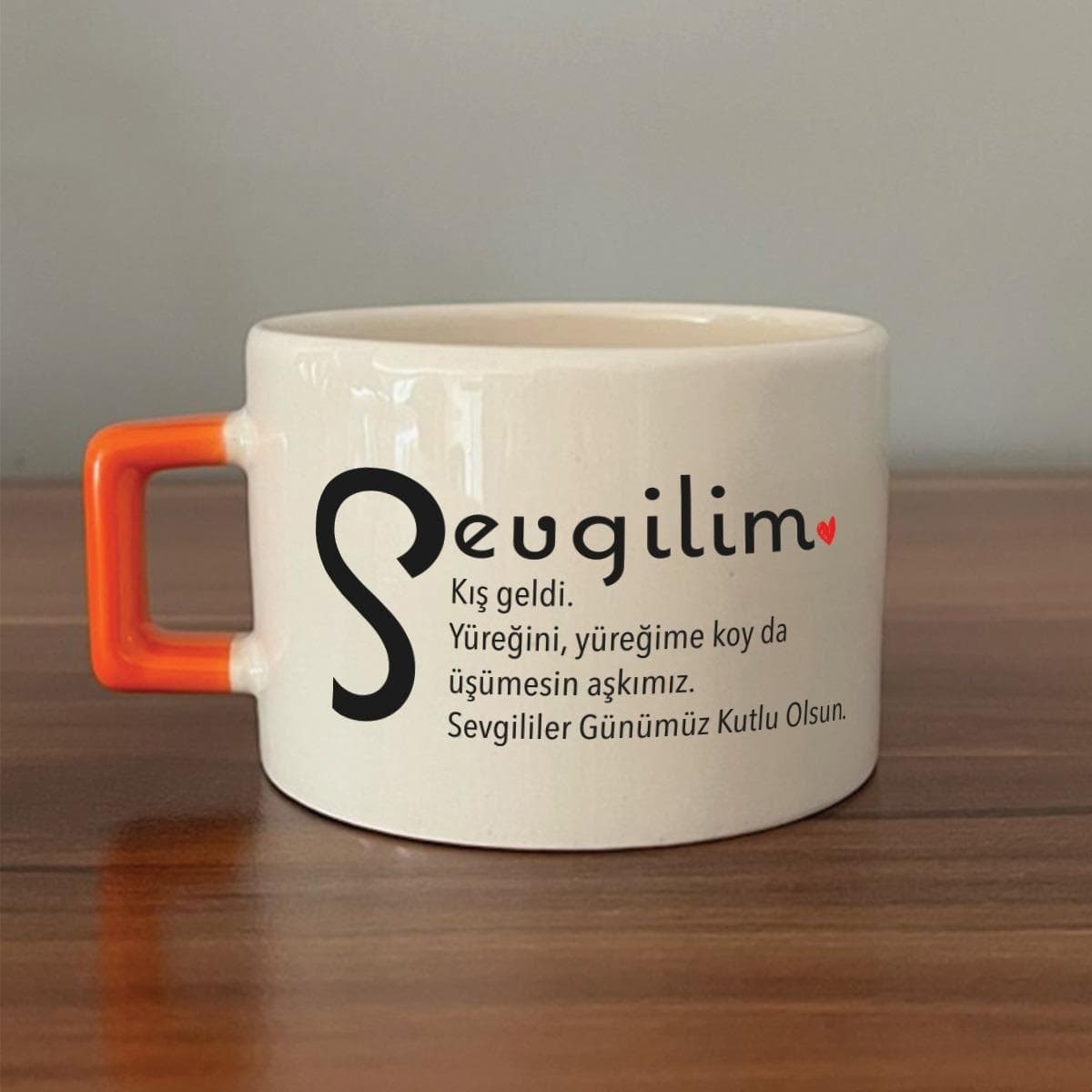 Sevgilim Baskılı Turuncu Kulplu Kare Espresso Fincanı