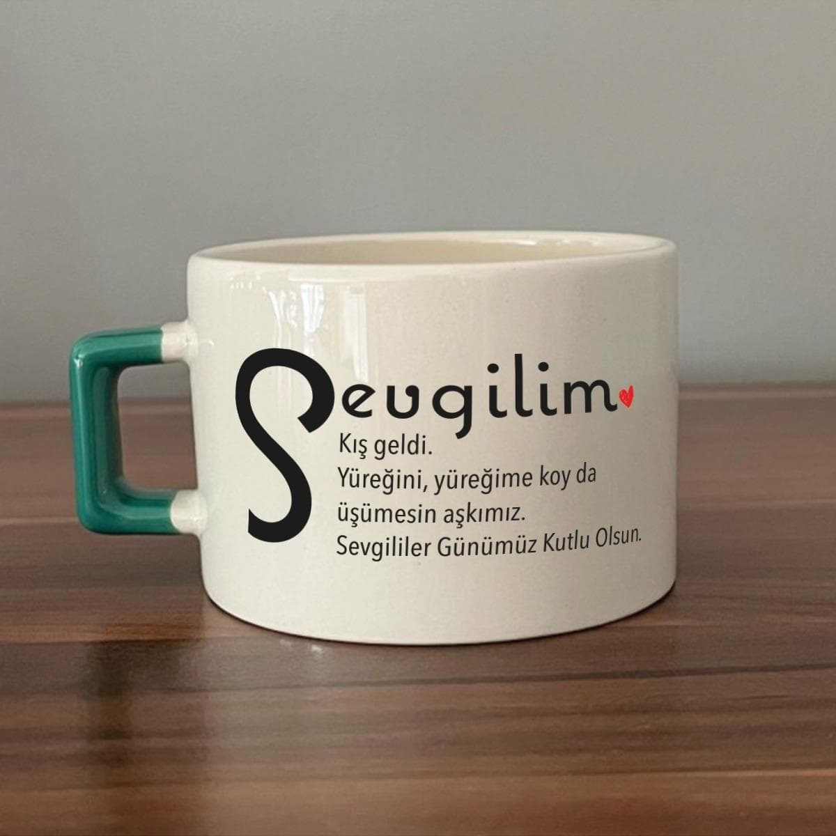 Sevgilim Baskılı Yeşil Kulplu Kare Espresso Fincanı
