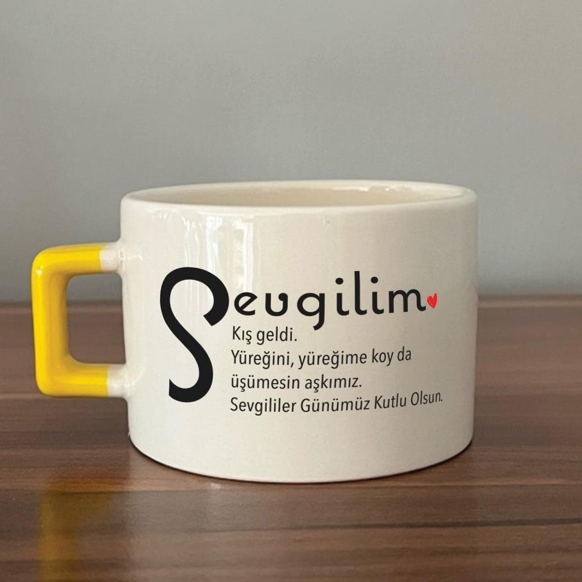 Sevgilim Baskılı Sarı Kulplu Kare Espresso Fincanı